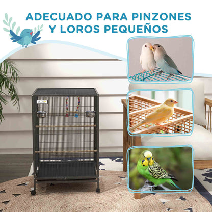 Bird Cage with Wheels Steel Birdhouse with Feeders Perches Swing Shelf Bowls and Removable Tray Large Cage for Parrots Canary Budgie 48x64x74 cm Gray