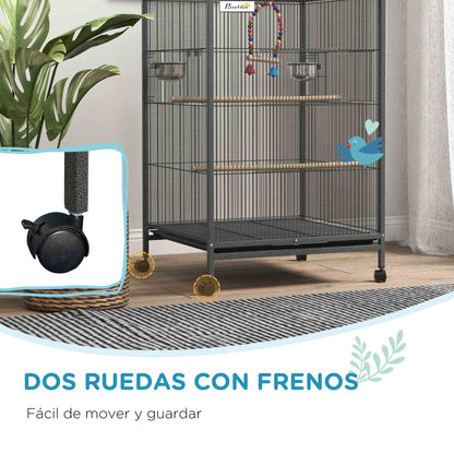 Bird Cage with Wheels Steel Birdhouse with Feeders Perches Swing Shelf Bowls and Removable Tray Large Cage for Parrots Canary Budgie 48x64x74 cm Gray