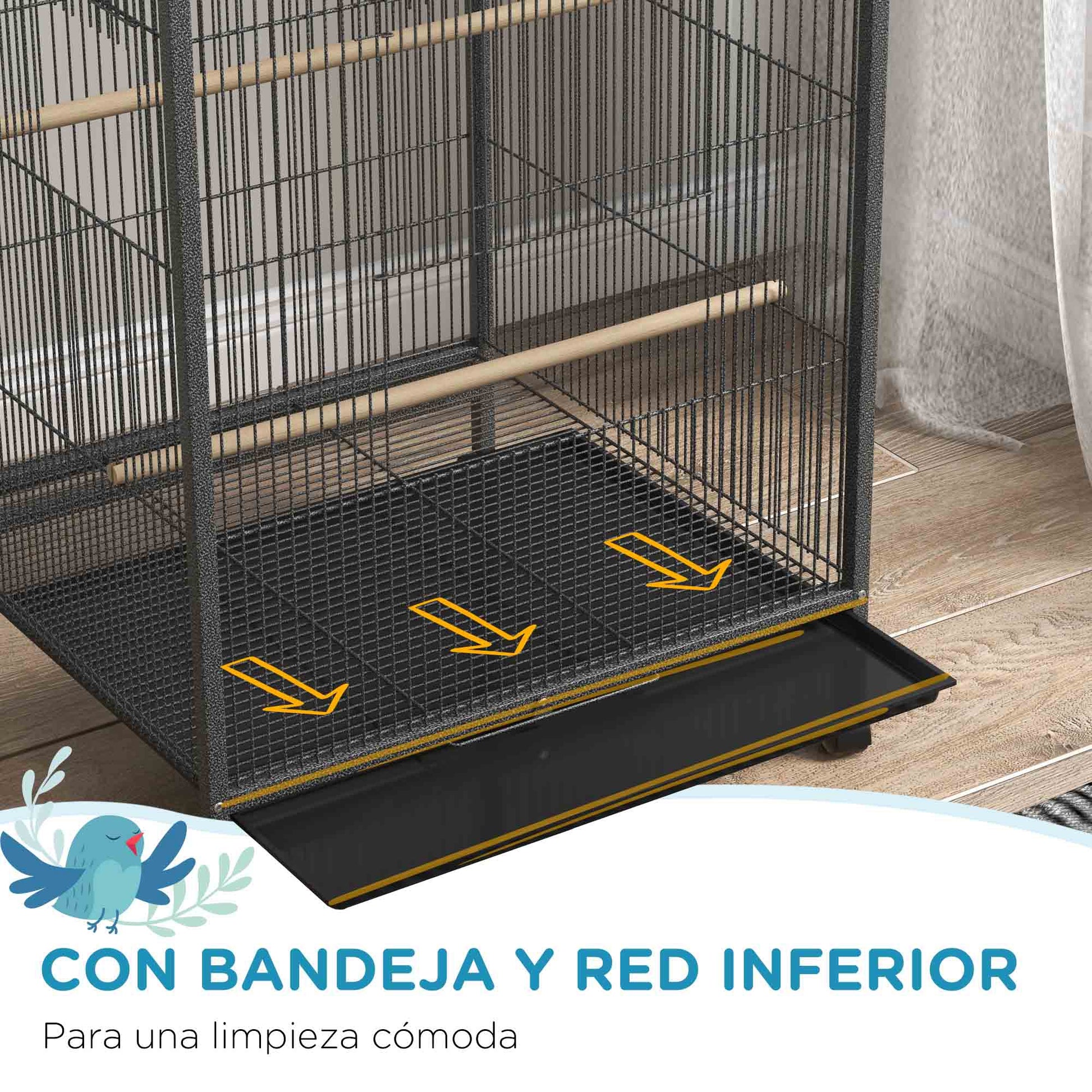 Bird Cage with Wheels Steel Birdhouse with Feeders Perches Swing Shelf Bowls and Removable Tray Large Cage for Parrots Canary Budgie 48x64x74 cm Gray