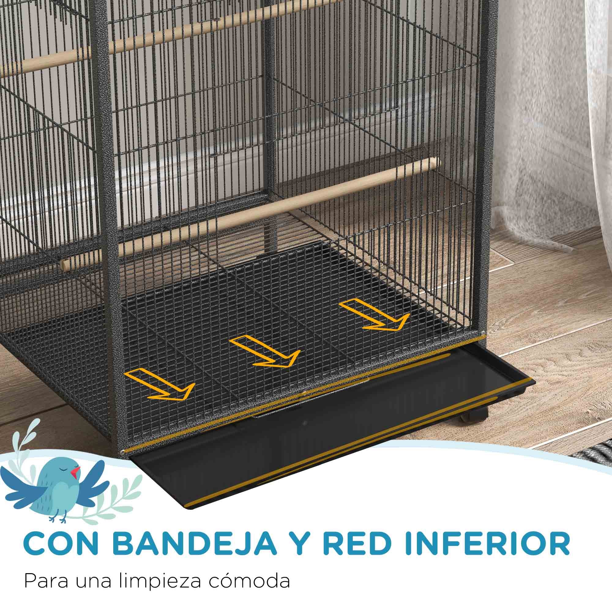 Bird Cage with Wheels Steel Birdhouse with Feeders Perches Swing Shelf Bowls and Removable Tray Large Cage for Parrots Canary Budgie 48x64x74 cm Gray