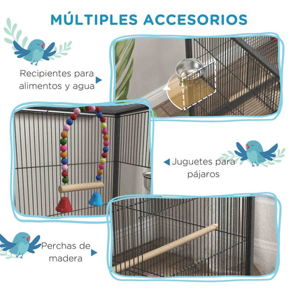 Bird Cage with Wheels Steel Birdhouse with Feeders Perches Swing Shelf Bowls and Removable Tray Large Cage for Parrots Canary Budgie 48x64x74 cm Gray