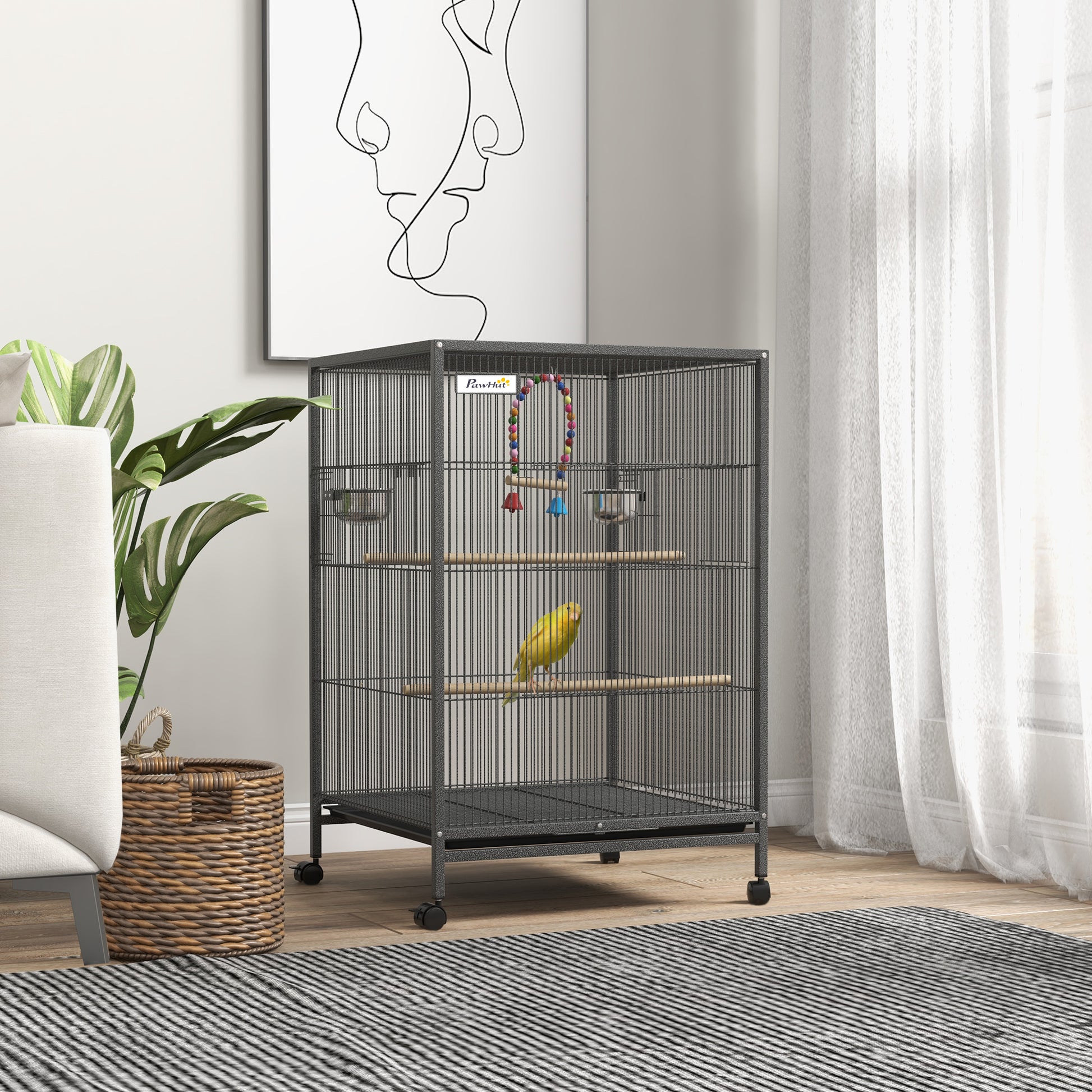 Bird Cage with Wheels Steel Birdhouse with Feeders Perches Swing Shelf Bowls and Removable Tray Large Cage for Parrots Canary Budgie 48x64x74 cm Gray