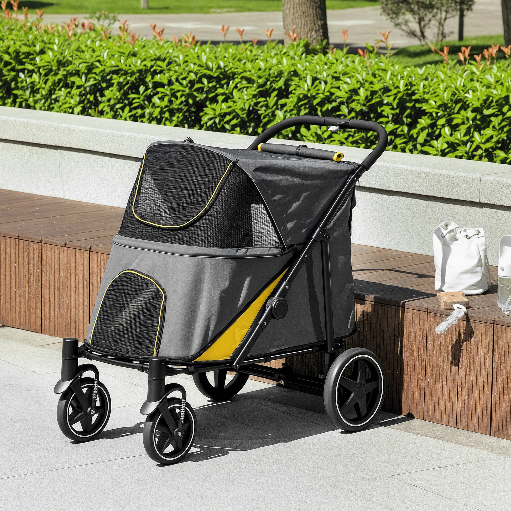 Dog Stroller, Dog Stroller with Cushion, Foldable Dog Trolley, Cat Stroller for Large and Medium Dogs, Dog Trolley with Mesh Window, Safety Leashes, Bag, Oxford Fabric, Dark Gray