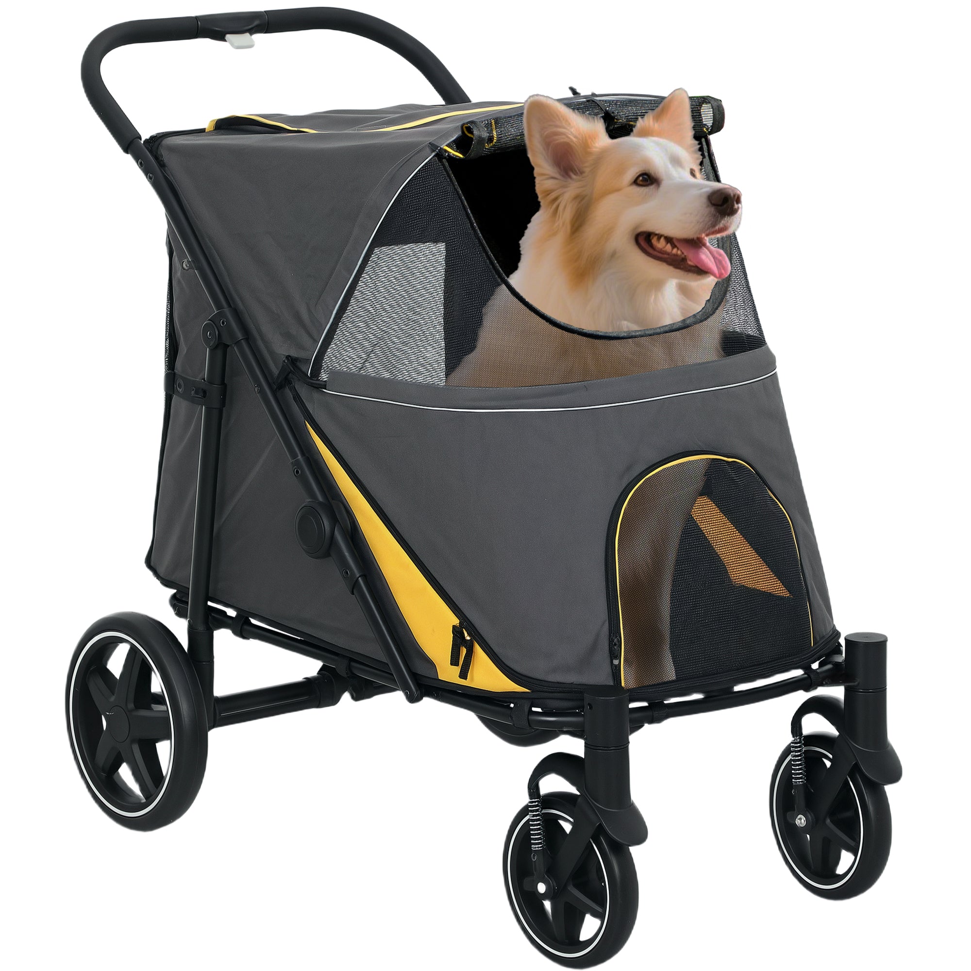 Dog Stroller, Dog Stroller with Cushion, Foldable Dog Trolley, Cat Stroller for Large and Medium Dogs, Dog Trolley with Mesh Window, Safety Leashes, Bag, Oxford Fabric, Dark Gray