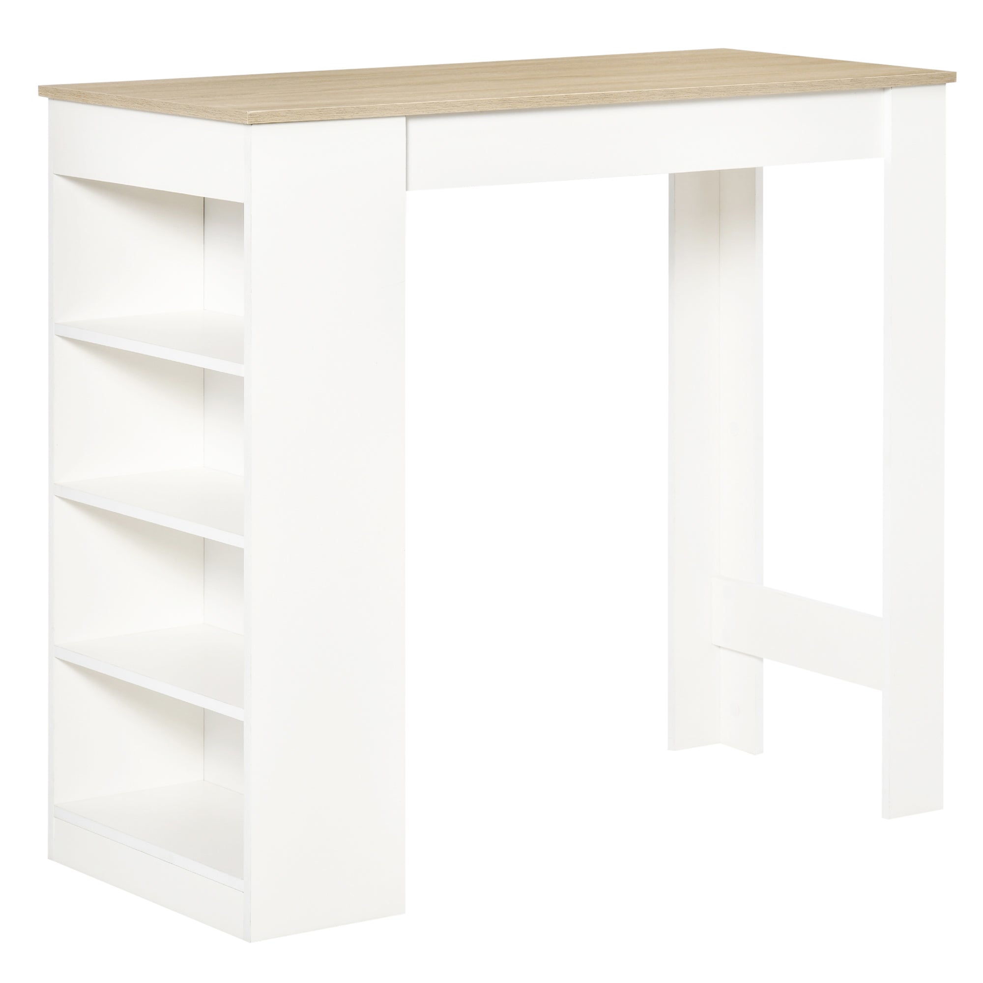 2-Person Bar Table, High Bistro Table with 4 Open Shelves for Small Spaces — Kitchen & Living Room, 45.3 x 19.7 x 40.4 in, Modern, White & Natural Wood