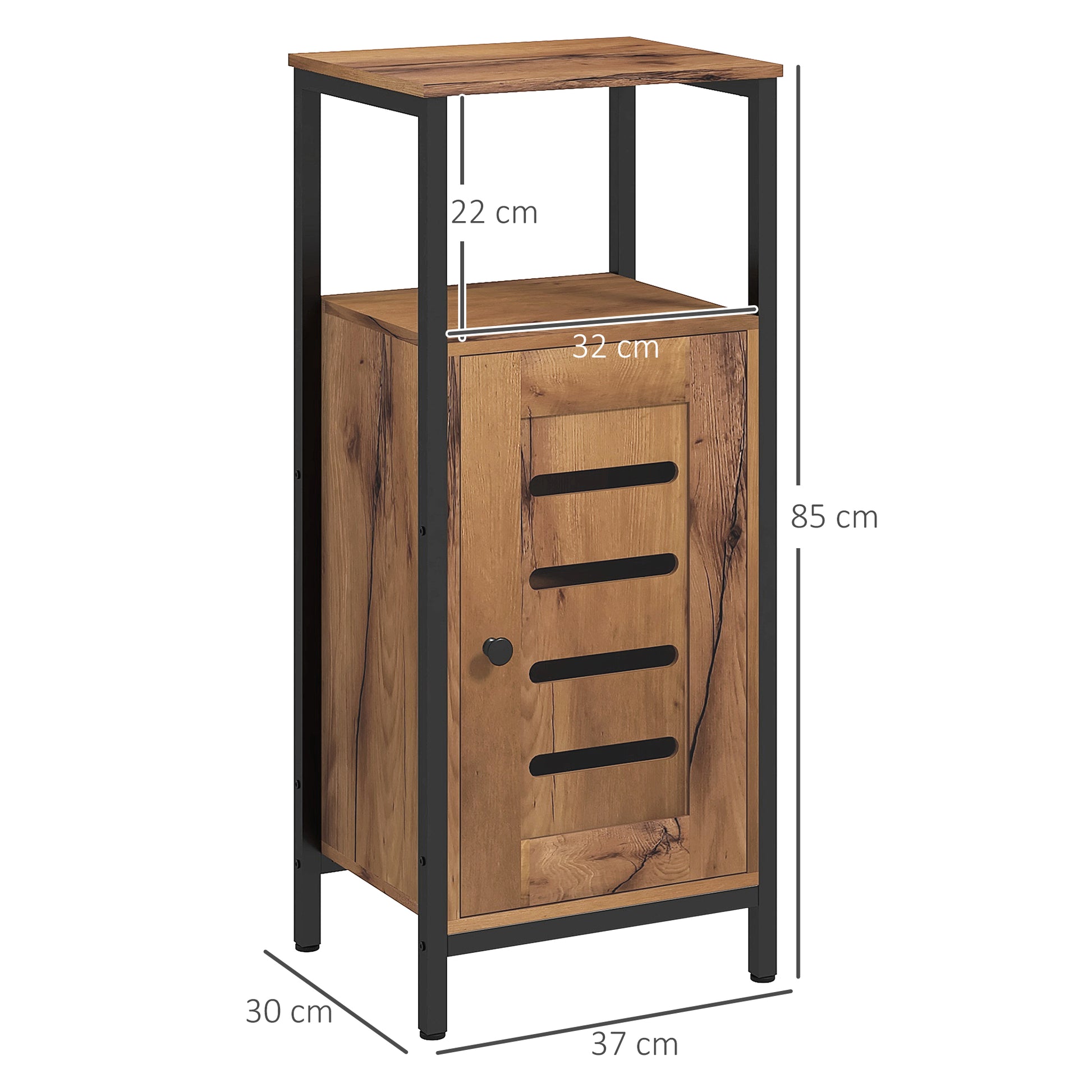 Low Bathroom Cabinet with Louvered Door, Steel Frame Bathroom Cabinet with Open Shelf and Adjustable Shelf, 37 x 30 x 85 cm, Rustic Brown