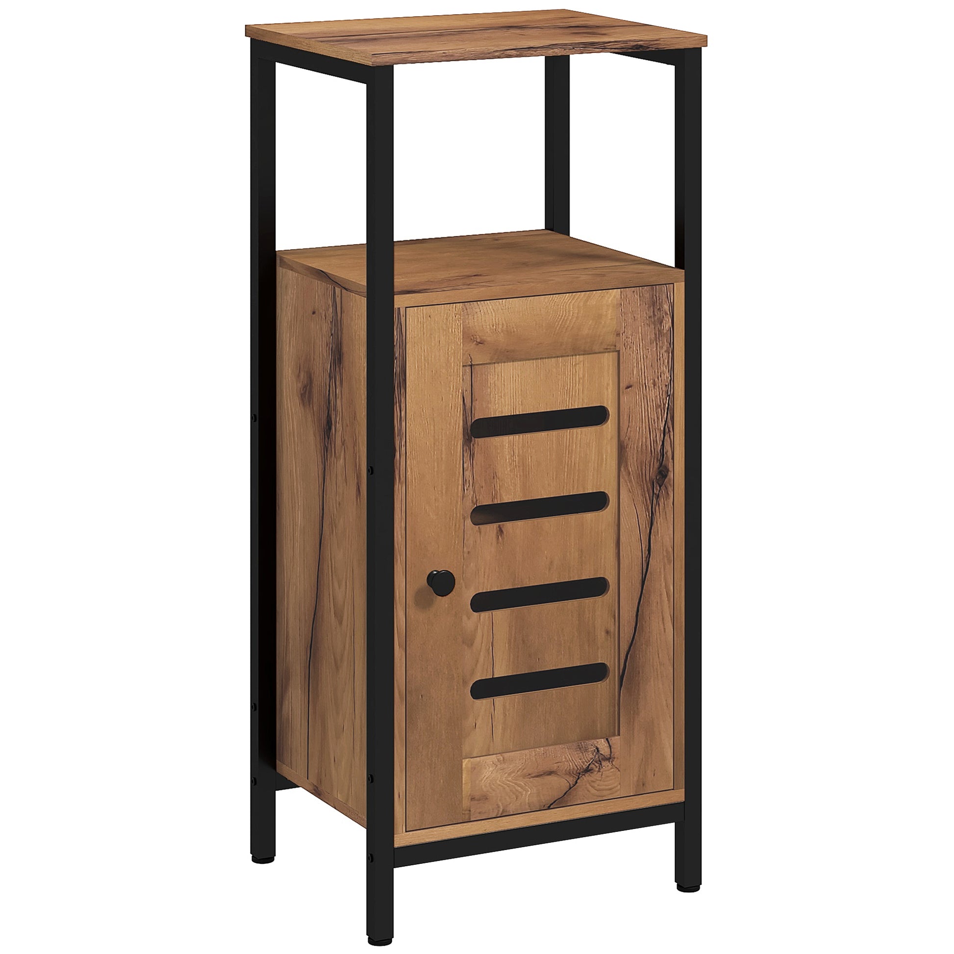 Low Bathroom Cabinet with Louvered Door, Steel Frame Bathroom Cabinet with Open Shelf and Adjustable Shelf, 37 x 30 x 85 cm, Rustic Brown
