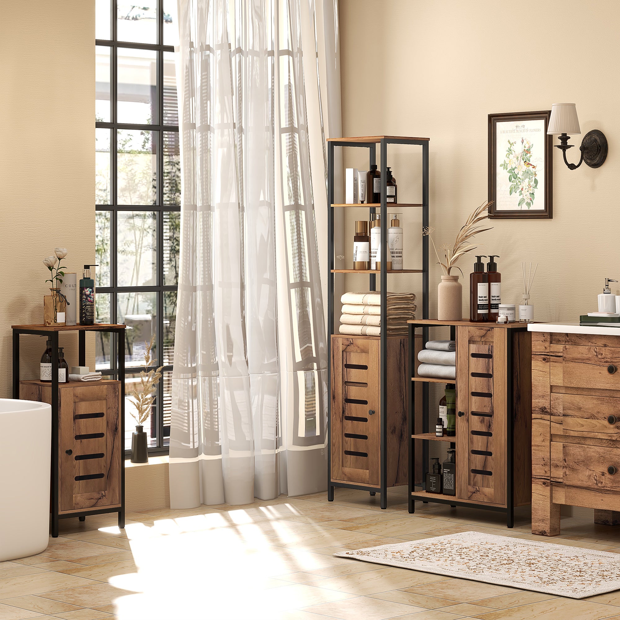 Low Bathroom Cabinet with Louvered Door, Steel Frame Bathroom Cabinet with Open Shelf and Adjustable Shelf, 37 x 30 x 85 cm, Rustic Brown