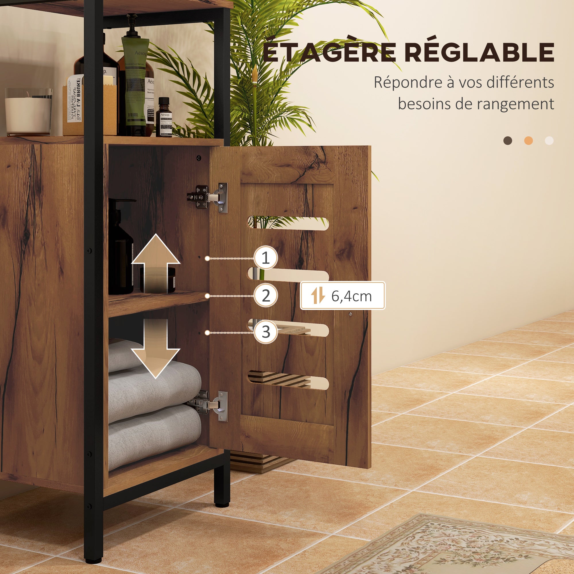 Low Bathroom Cabinet with Louvered Door, Steel Frame Bathroom Cabinet with Open Shelf and Adjustable Shelf, 37 x 30 x 85 cm, Rustic Brown