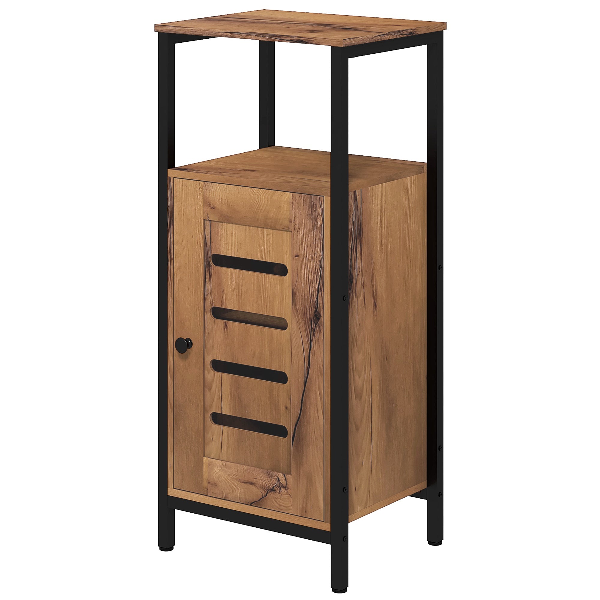 Low Bathroom Cabinet with Louvered Door, Steel Frame Bathroom Cabinet with Open Shelf and Adjustable Shelf, 37 x 30 x 85 cm, Rustic Brown