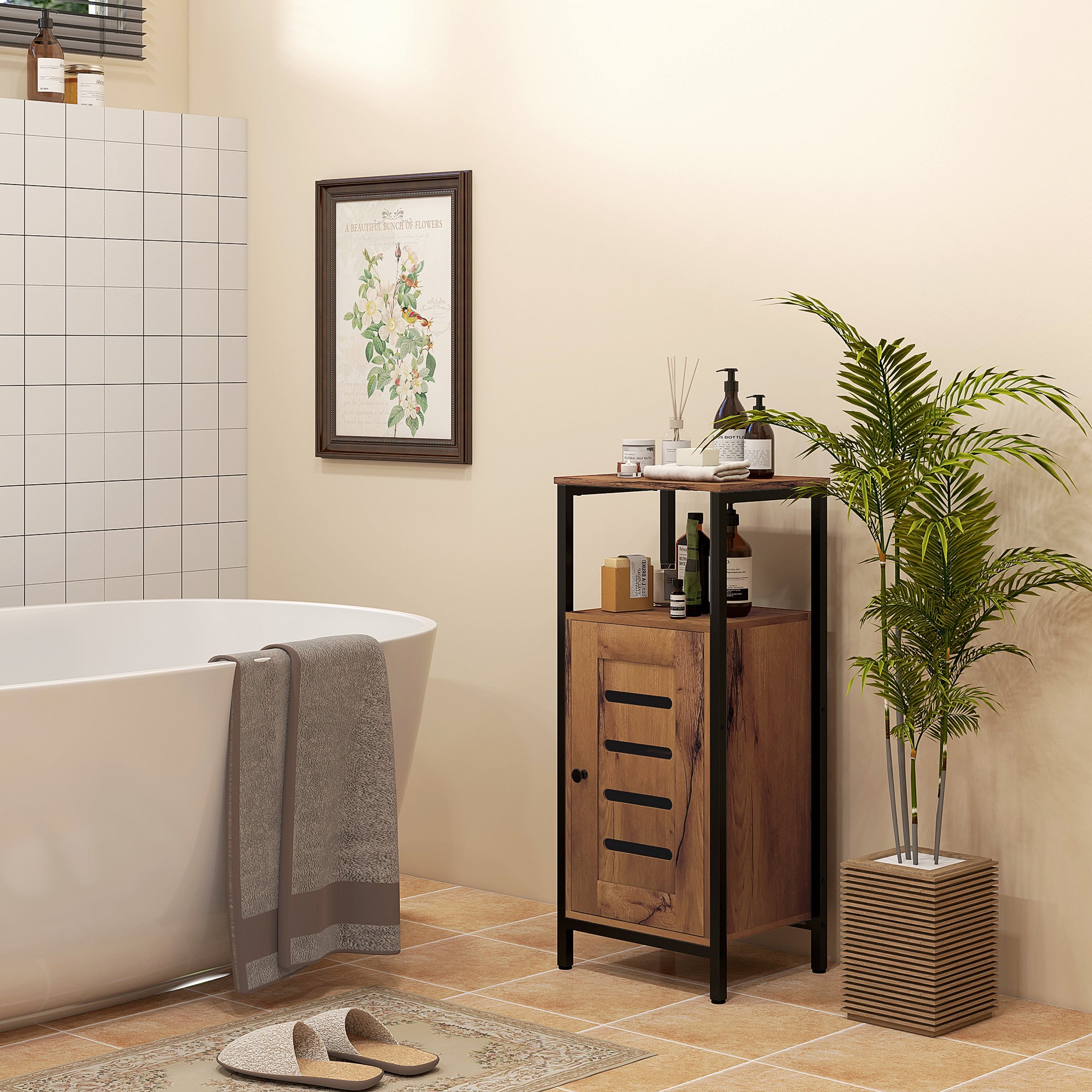 Low Bathroom Cabinet with Louvered Door, Steel Frame Bathroom Cabinet with Open Shelf and Adjustable Shelf, 37 x 30 x 85 cm, Rustic Brown