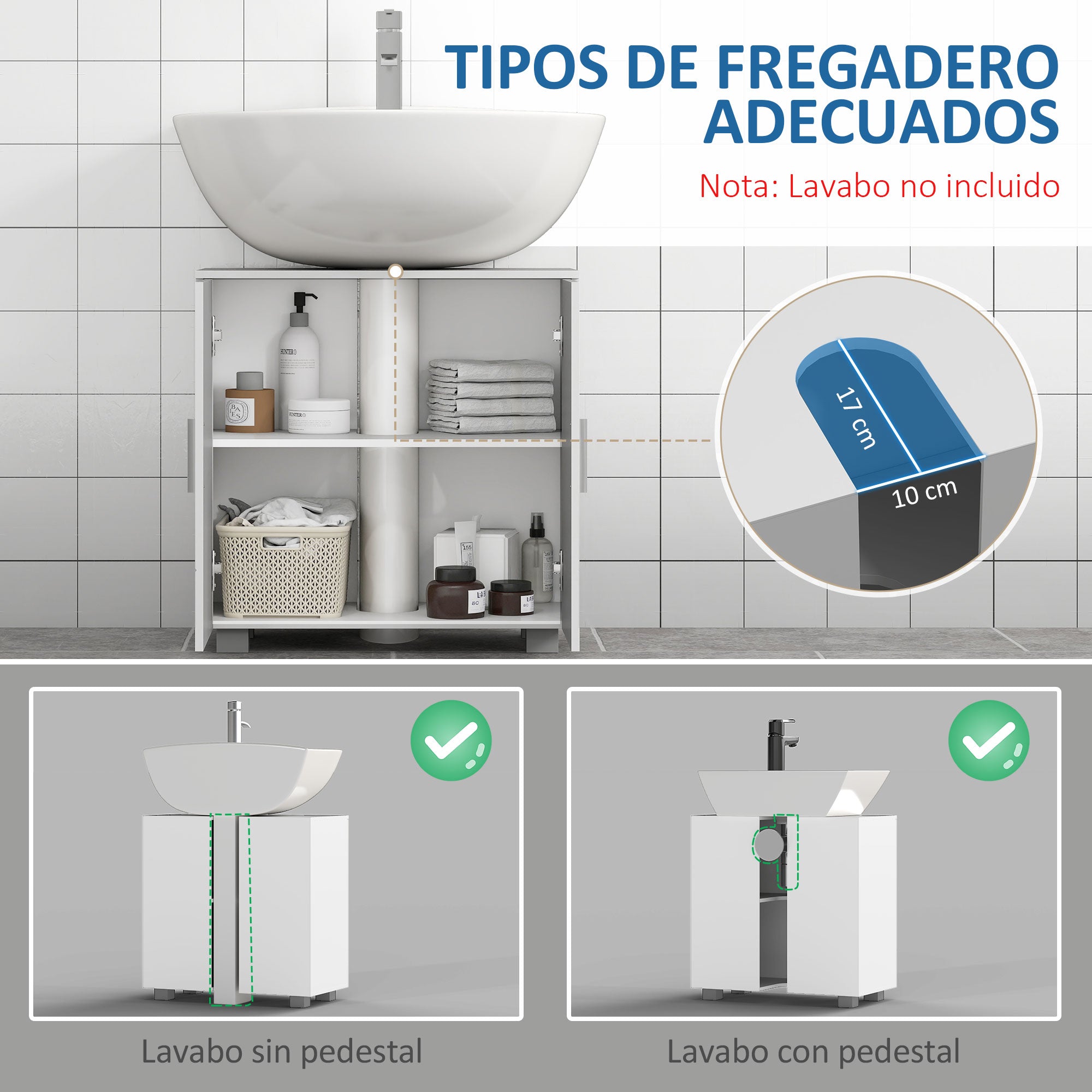 Under Sink Cabinet Bathroom Floor Cabinet with 2 Doors and Adjustable Interior Shelf Modern 60x30x60 cm White