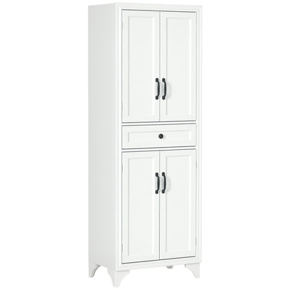 High Kitchen Cabinet 4 Doors 2 Cupboards and 1 Central Drawer Height 170 cm with Adjustable Shelf - White
