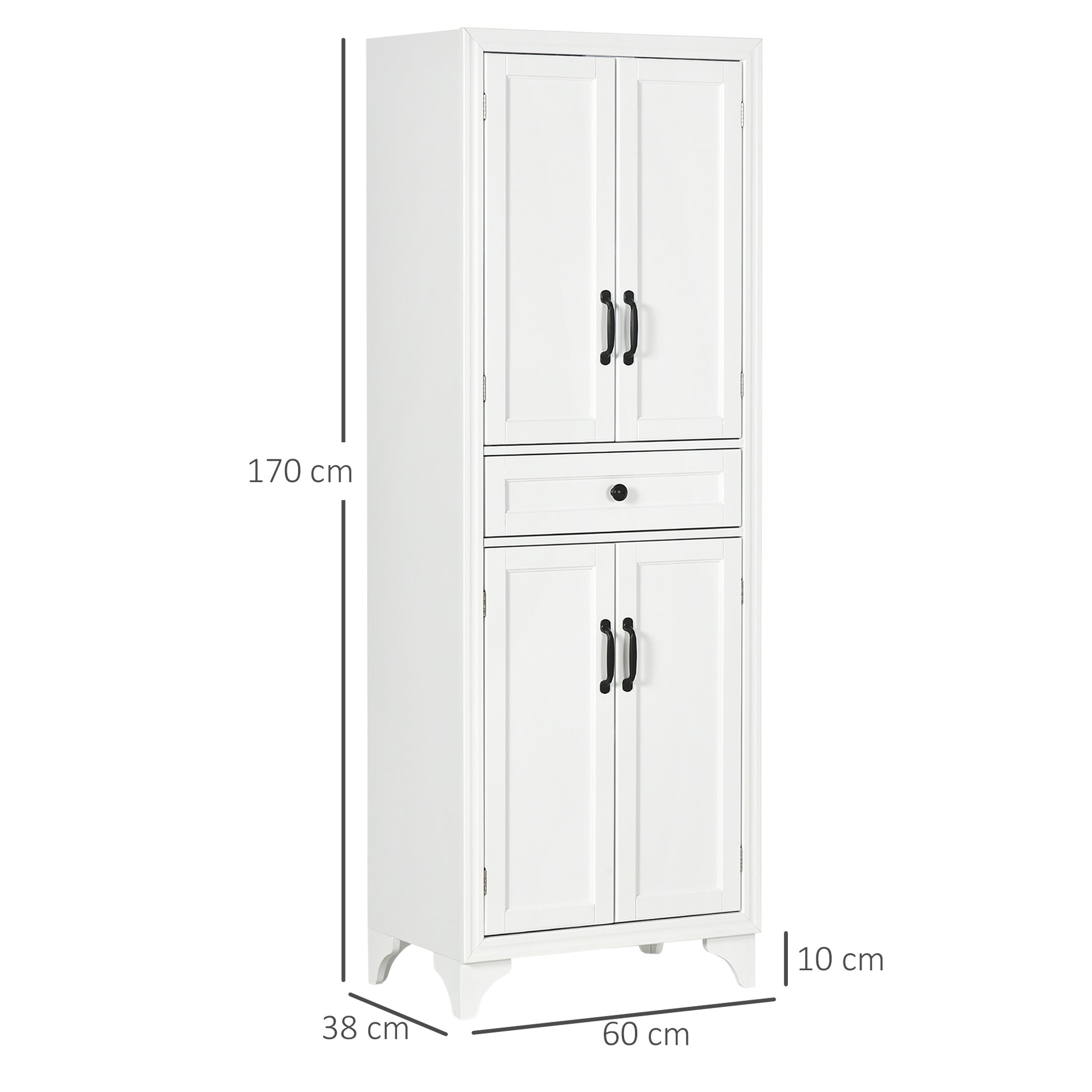 High Kitchen Cabinet 4 Doors 2 Cupboards and 1 Central Drawer Height 170 cm with Adjustable Shelf - White