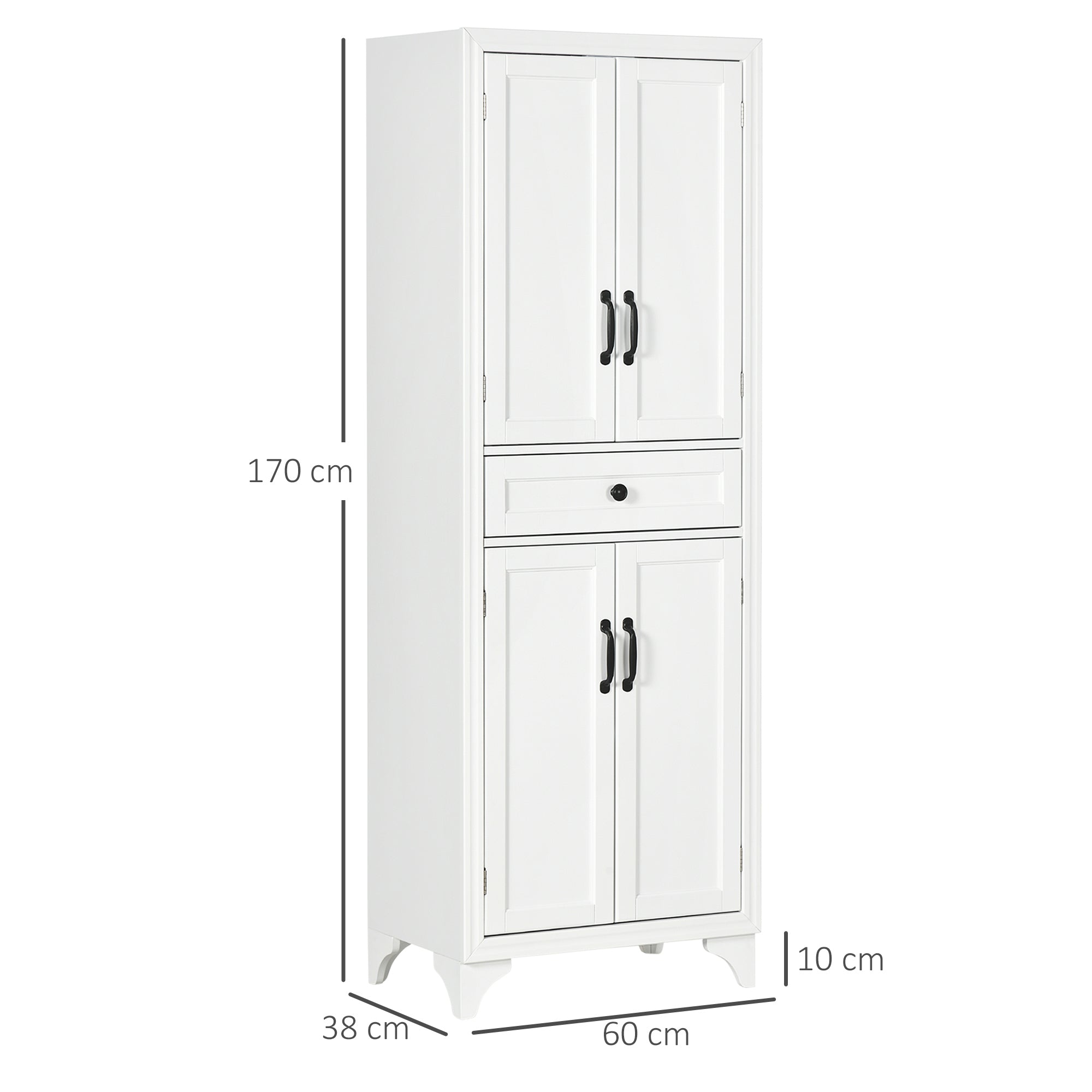 High Kitchen Cabinet 4 Doors 2 Cupboards and 1 Central Drawer Height 170 cm with Adjustable Shelf - White