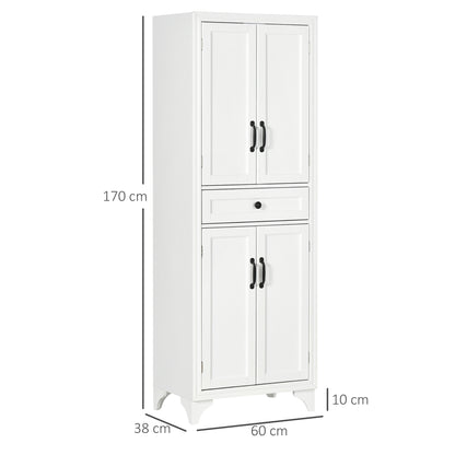 High Kitchen Cabinet 4 Doors 2 Cupboards and 1 Central Drawer Height 170 cm with Adjustable Shelf - White
