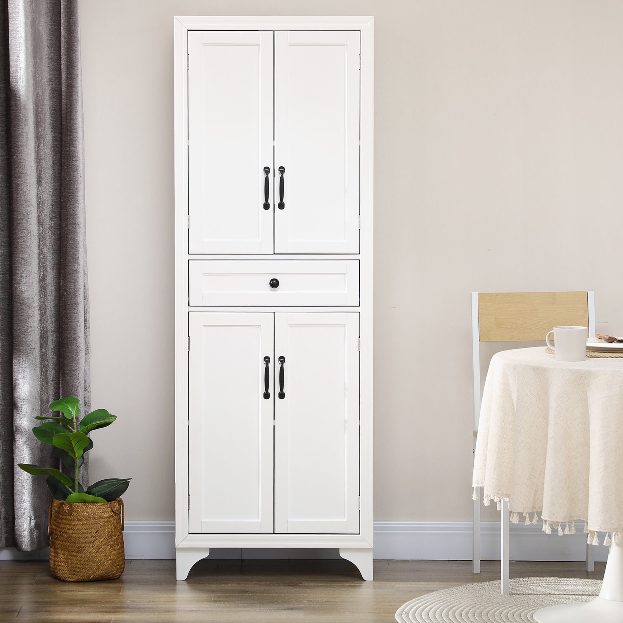 High Kitchen Cabinet 4 Doors 2 Cupboards and 1 Central Drawer Height 170 cm with Adjustable Shelf - White