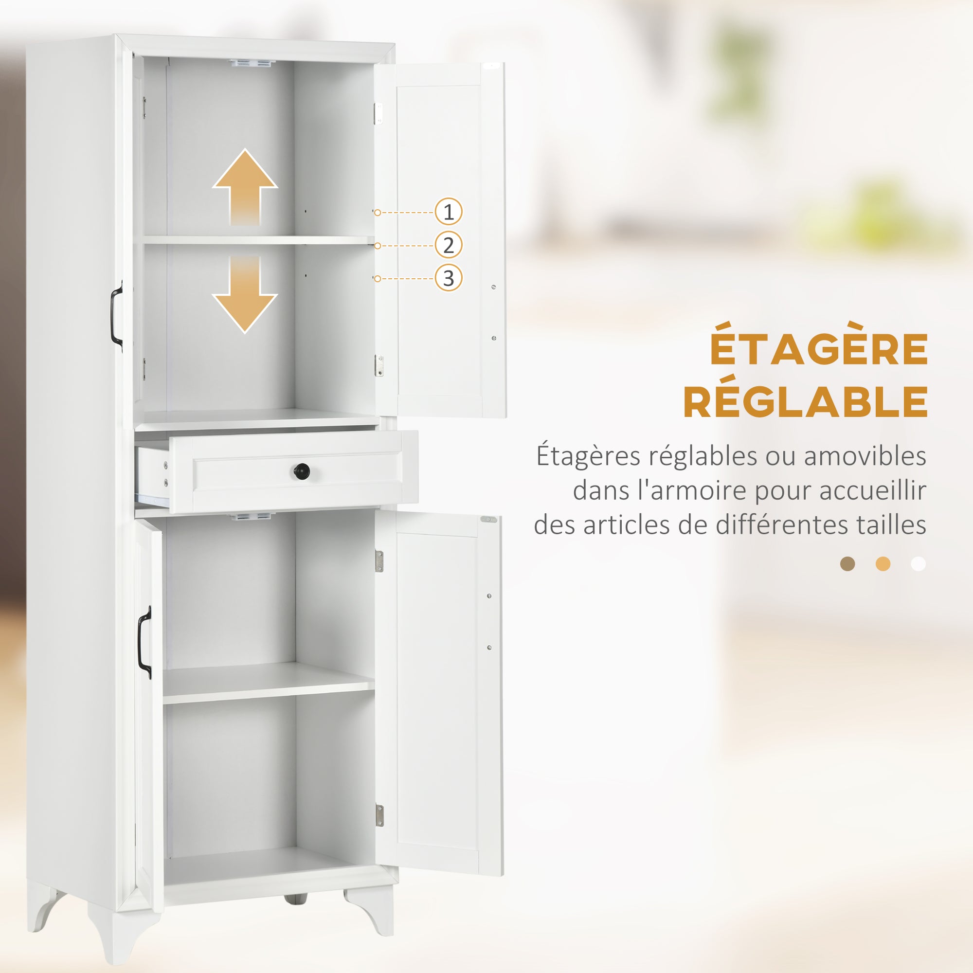 High Kitchen Cabinet 4 Doors 2 Cupboards and 1 Central Drawer Height 170 cm with Adjustable Shelf - White