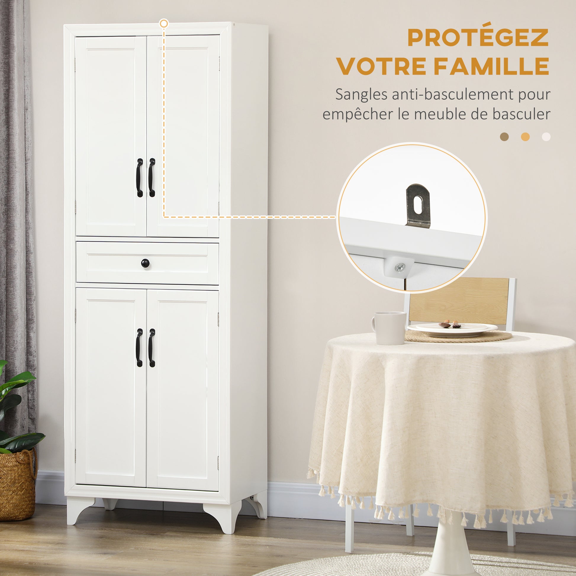 High Kitchen Cabinet 4 Doors 2 Cupboards and 1 Central Drawer Height 170 cm with Adjustable Shelf - White