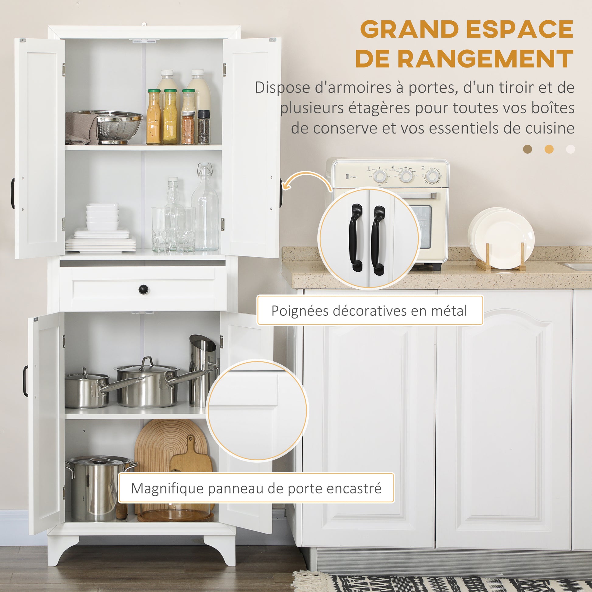 High Kitchen Cabinet 4 Doors 2 Cupboards and 1 Central Drawer Height 170 cm with Adjustable Shelf - White