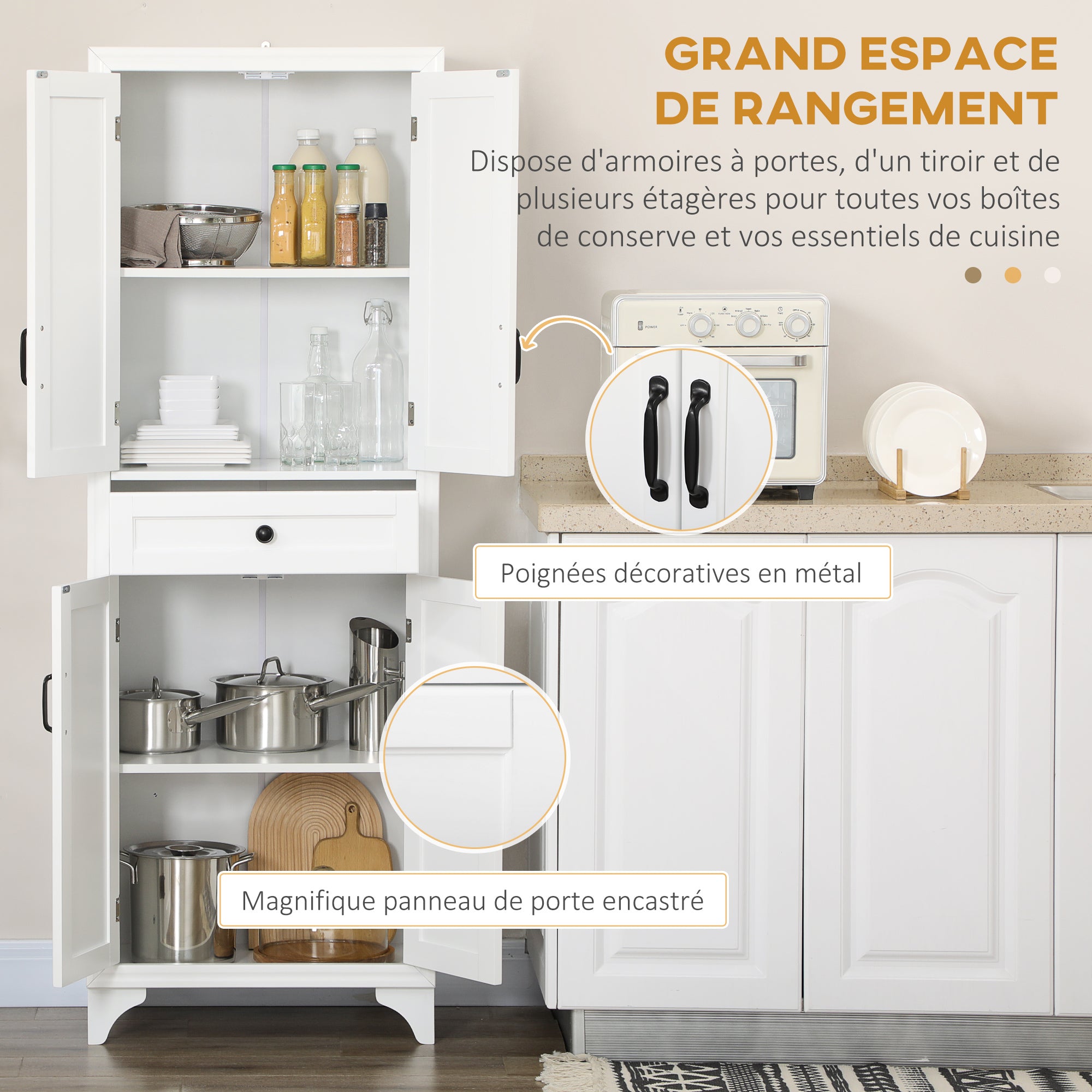 High Kitchen Cabinet 4 Doors 2 Cupboards and 1 Central Drawer Height 170 cm with Adjustable Shelf - White