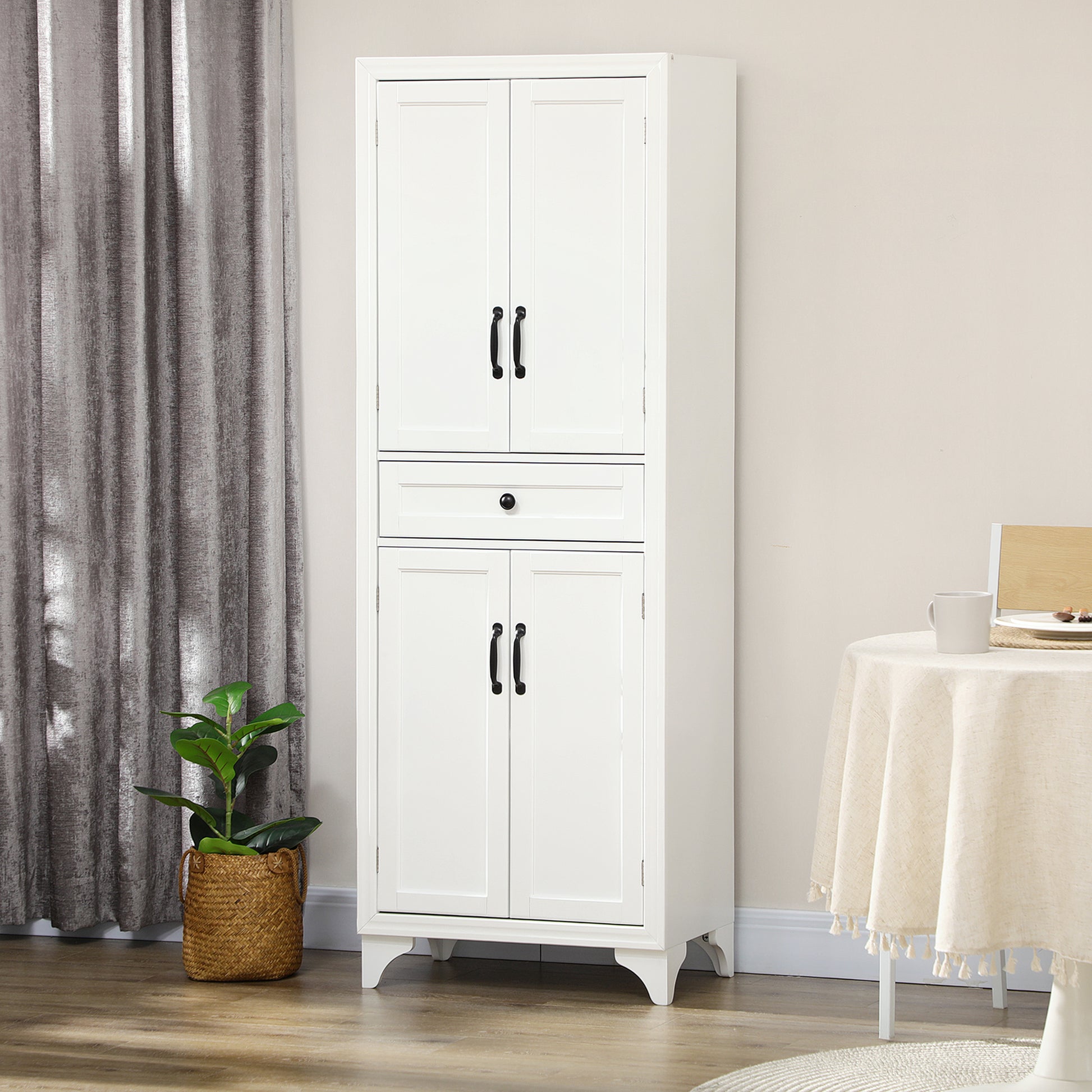 High Kitchen Cabinet 4 Doors 2 Cupboards and 1 Central Drawer Height 170 cm with Adjustable Shelf - White