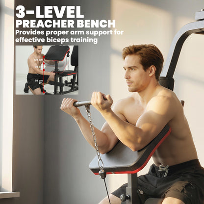 SPORTNOW Multi-Station Home Gym with 143 lb Weight Stack, Smith Machine, Lat Pulldown, Adjustable Preacher Bench & Leg Trainer — Supports up to 265 lb