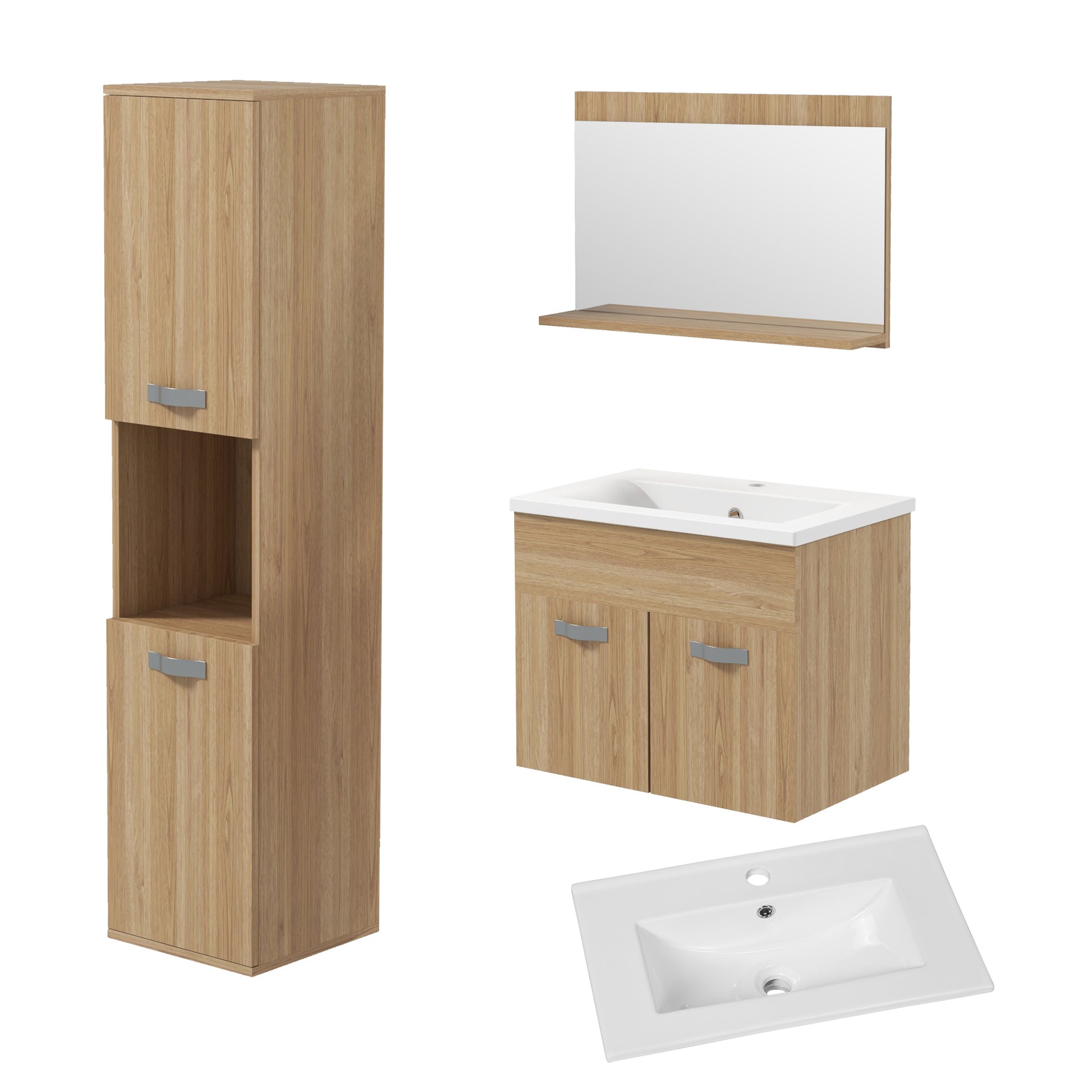 3-Piece Bathroom Furniture Set Bathroom Mirror Cabinet + Wall-Mounted Under-Sink Cabinet with Ceramic Basin + Column Cabinet with Adjustable Shelves Natural