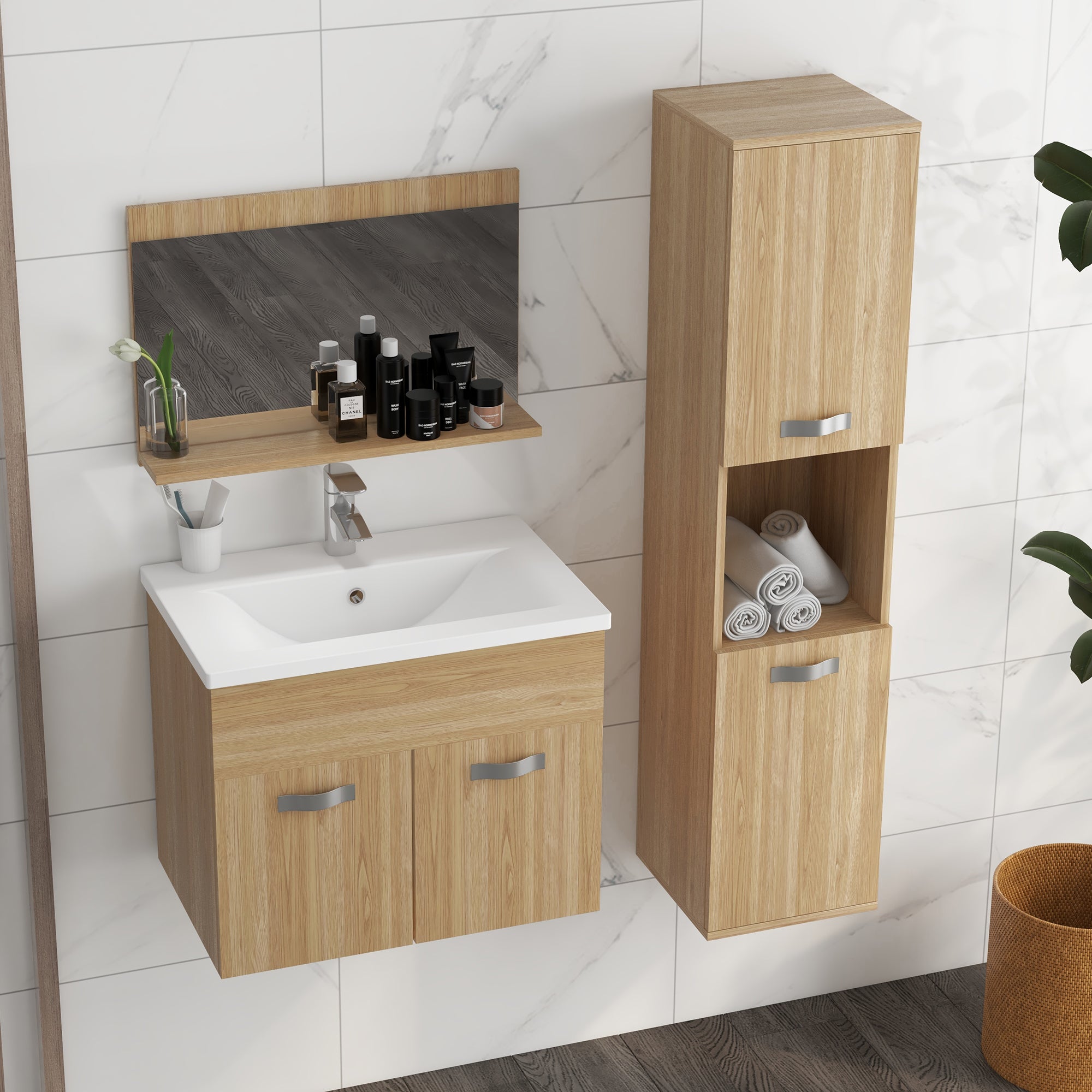 3-Piece Bathroom Furniture Set Bathroom Mirror Cabinet + Wall-Mounted Under-Sink Cabinet with Ceramic Basin + Column Cabinet with Adjustable Shelves Natural