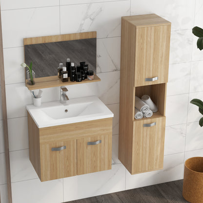 3-Piece Bathroom Furniture Set Bathroom Mirror Cabinet + Wall-Mounted Under-Sink Cabinet with Ceramic Basin + Column Cabinet with Adjustable Shelves Natural