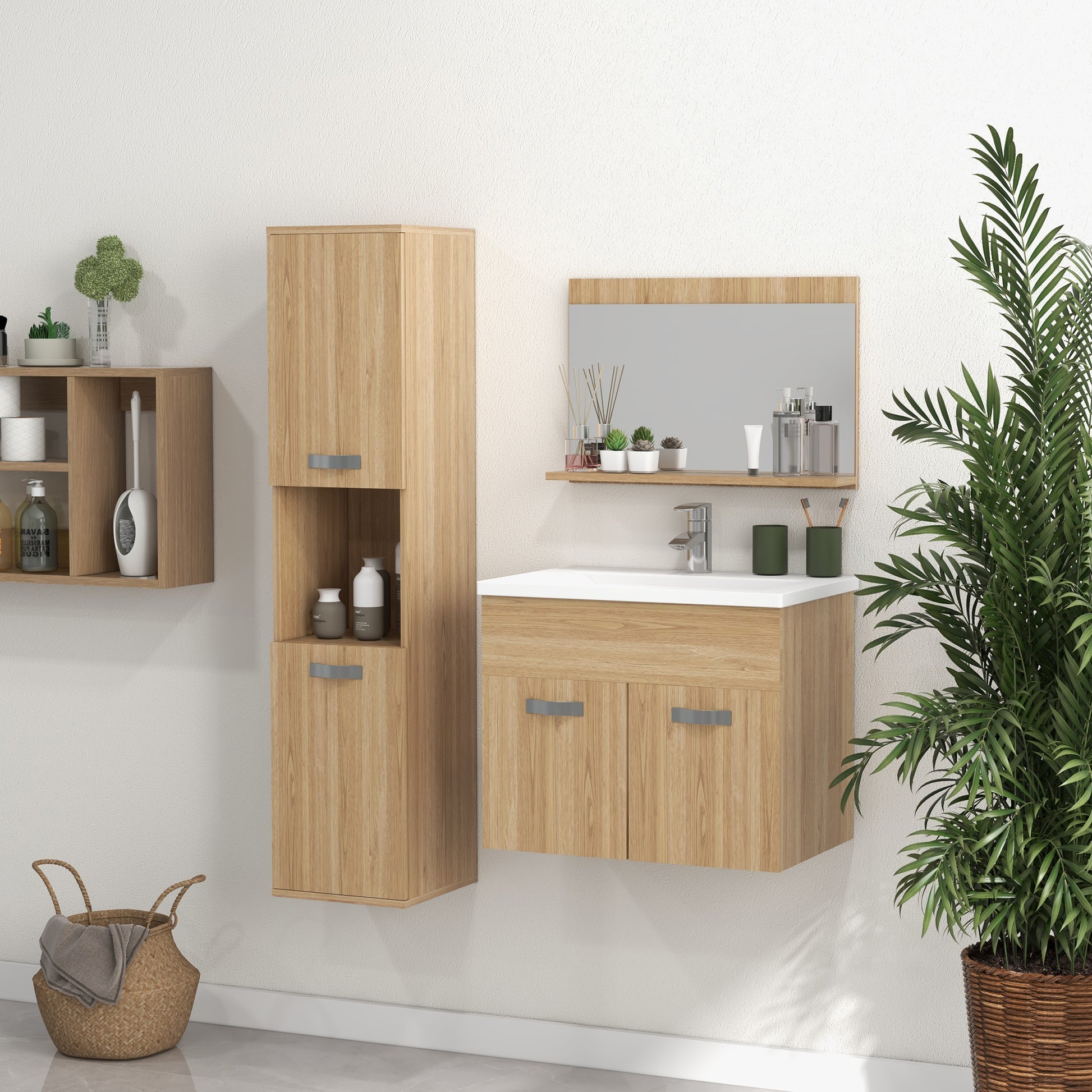 3-Piece Bathroom Furniture Set Bathroom Mirror Cabinet + Wall-Mounted Under-Sink Cabinet with Ceramic Basin + Column Cabinet with Adjustable Shelves Natural