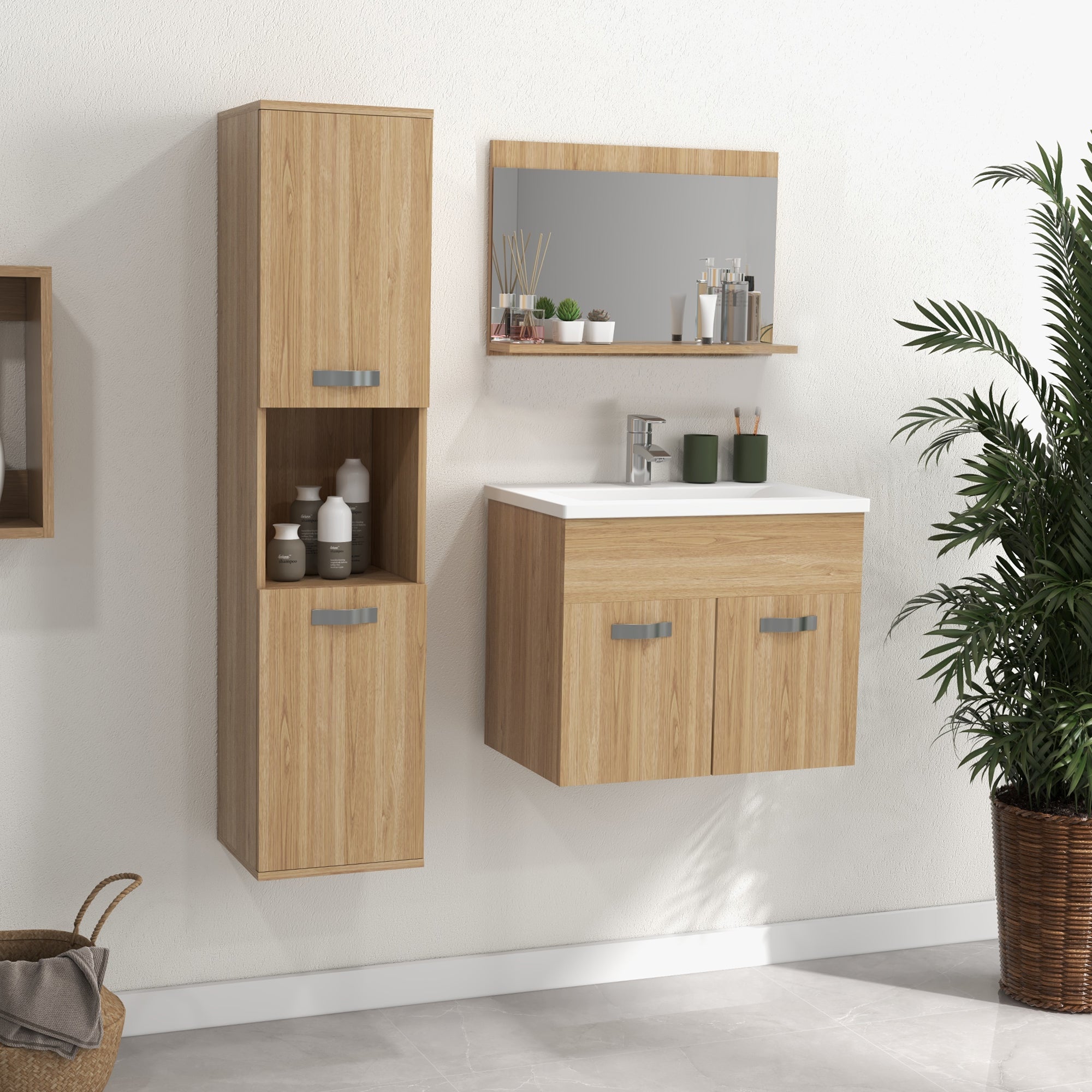 3-Piece Bathroom Furniture Set Bathroom Mirror Cabinet + Wall-Mounted Under-Sink Cabinet with Ceramic Basin + Column Cabinet with Adjustable Shelves Natural