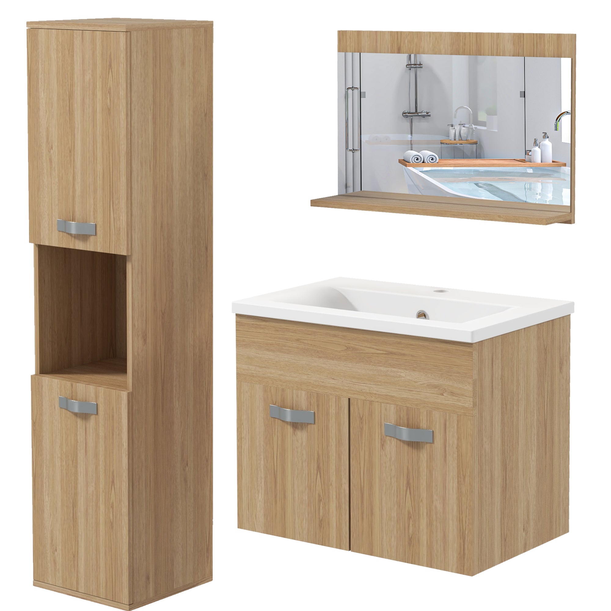 3-Piece Bathroom Furniture Set Bathroom Mirror Cabinet + Wall-Mounted Under-Sink Cabinet with Ceramic Basin + Column Cabinet with Adjustable Shelves Natural