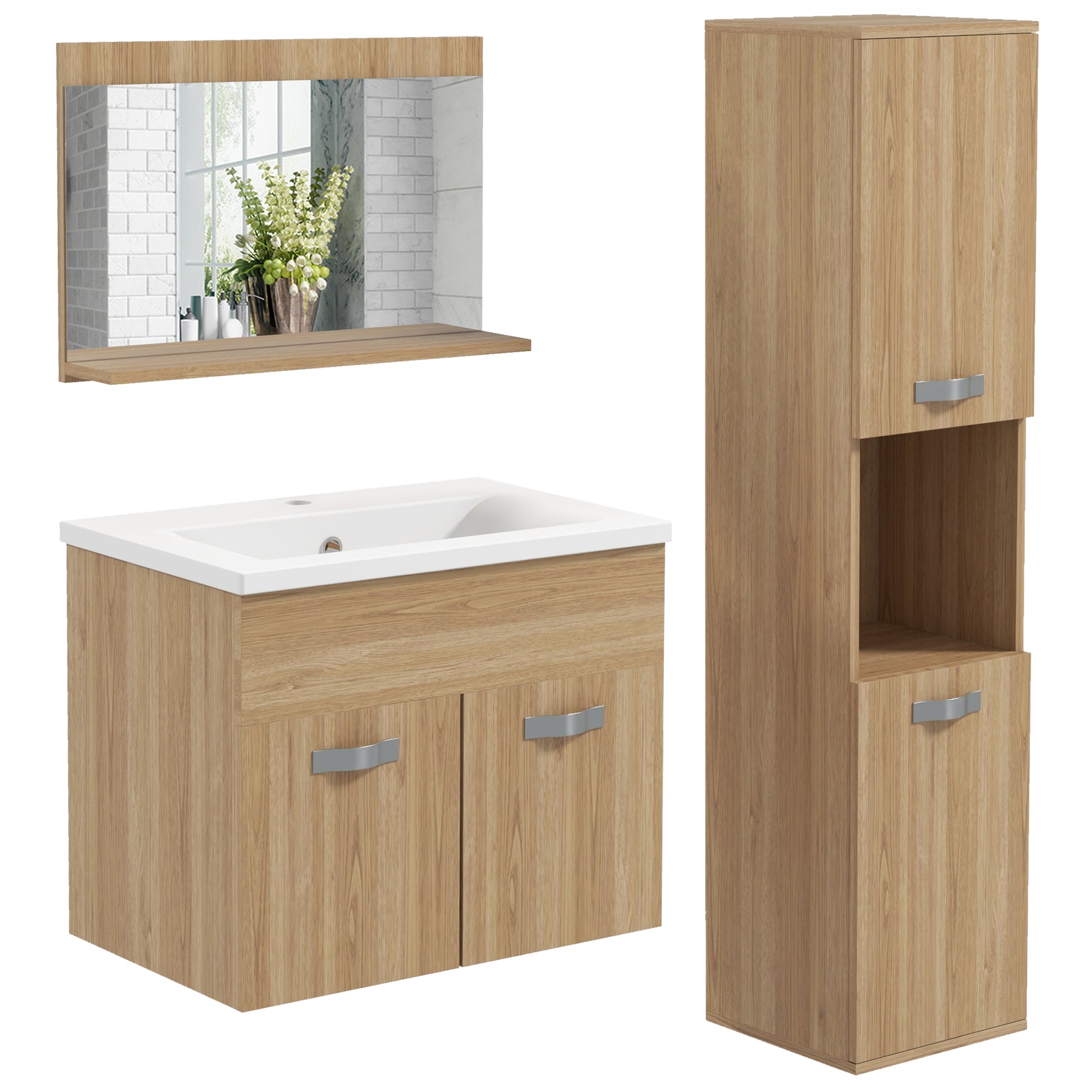 3-Piece Bathroom Furniture Set Bathroom Mirror Cabinet + Wall-Mounted Under-Sink Cabinet with Ceramic Basin + Column Cabinet with Adjustable Shelves Natural