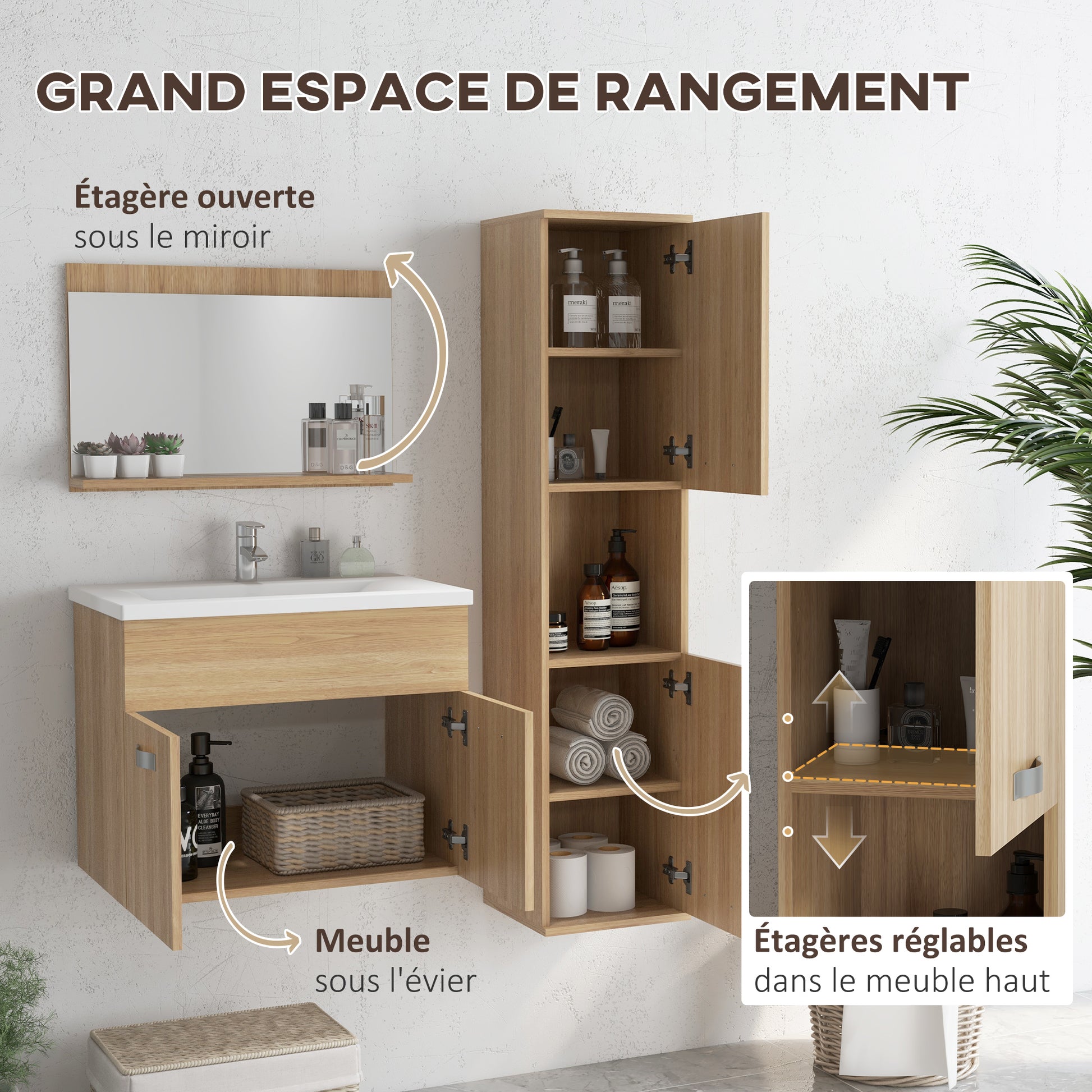 3-Piece Bathroom Furniture Set Bathroom Mirror Cabinet + Wall-Mounted Under-Sink Cabinet with Ceramic Basin + Column Cabinet with Adjustable Shelves Natural