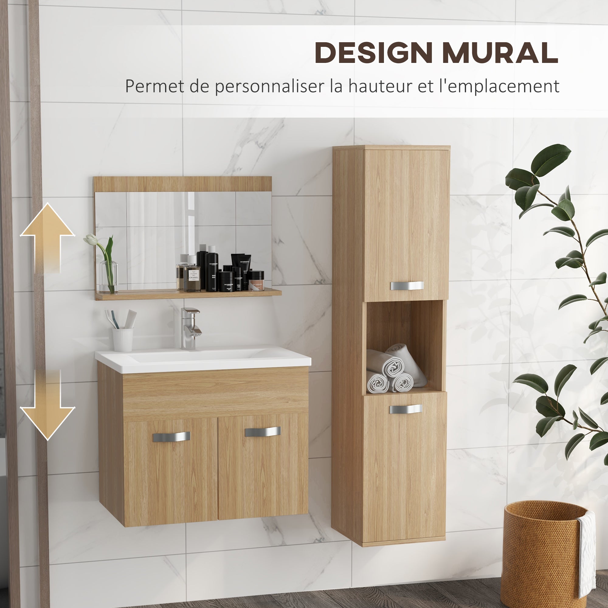 3-Piece Bathroom Furniture Set Bathroom Mirror Cabinet + Wall-Mounted Under-Sink Cabinet with Ceramic Basin + Column Cabinet with Adjustable Shelves Natural