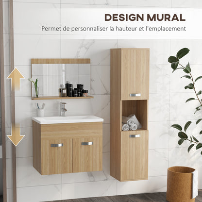 3-Piece Bathroom Furniture Set Bathroom Mirror Cabinet + Wall-Mounted Under-Sink Cabinet with Ceramic Basin + Column Cabinet with Adjustable Shelves Natural