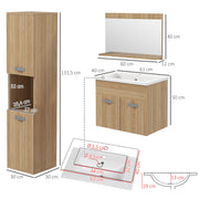 3-Piece Bathroom Furniture Set Bathroom Mirror Cabinet + Wall-Mounted Under-Sink Cabinet with Ceramic Basin + Column Cabinet with Adjustable Shelves Natural