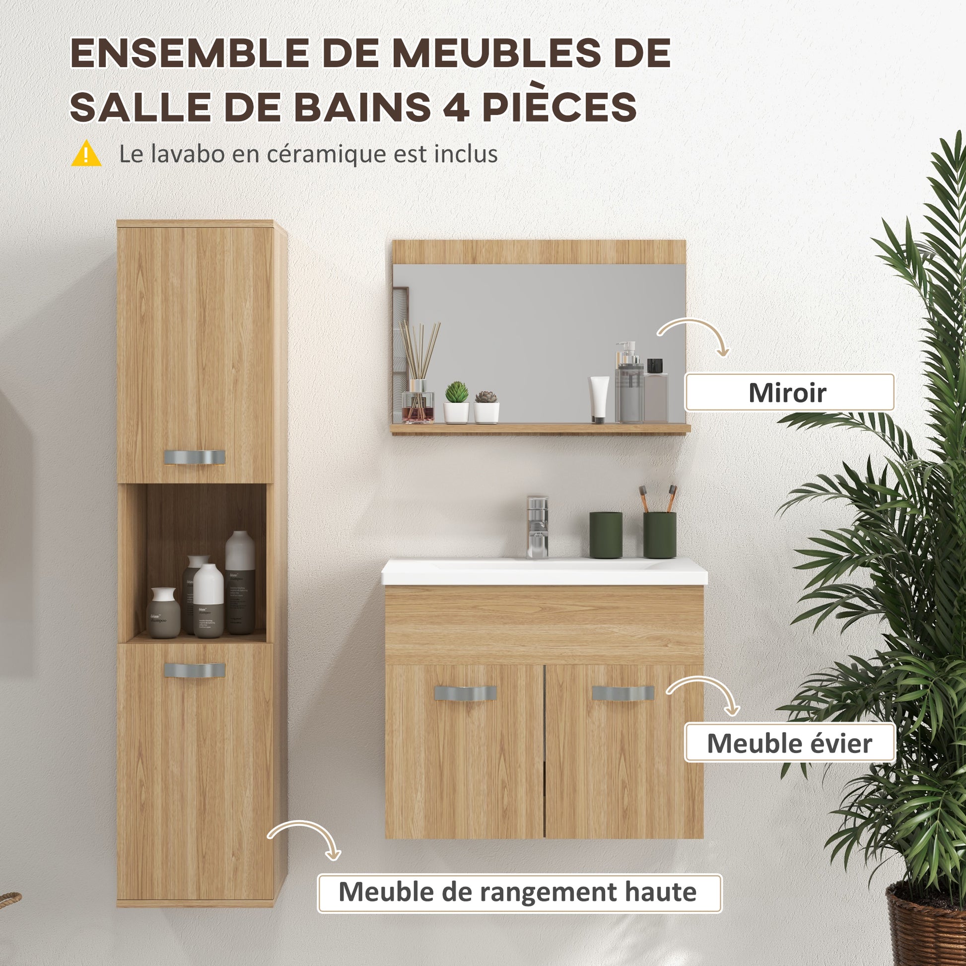3-Piece Bathroom Furniture Set Bathroom Mirror Cabinet + Wall-Mounted Under-Sink Cabinet with Ceramic Basin + Column Cabinet with Adjustable Shelves Natural
