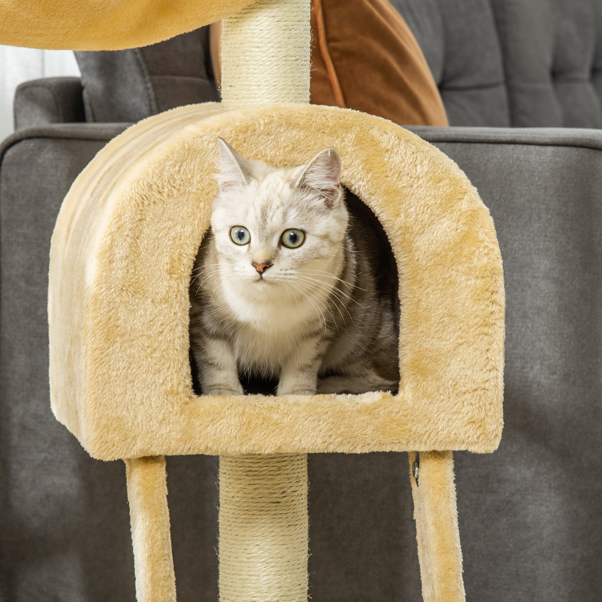 Cat Scratching Tree Height 98 cm Climbing Tower with Hideaway Basket Hammock Ladder Platforms and Natural Sisal Posts 54x29.5x98 cm Beige