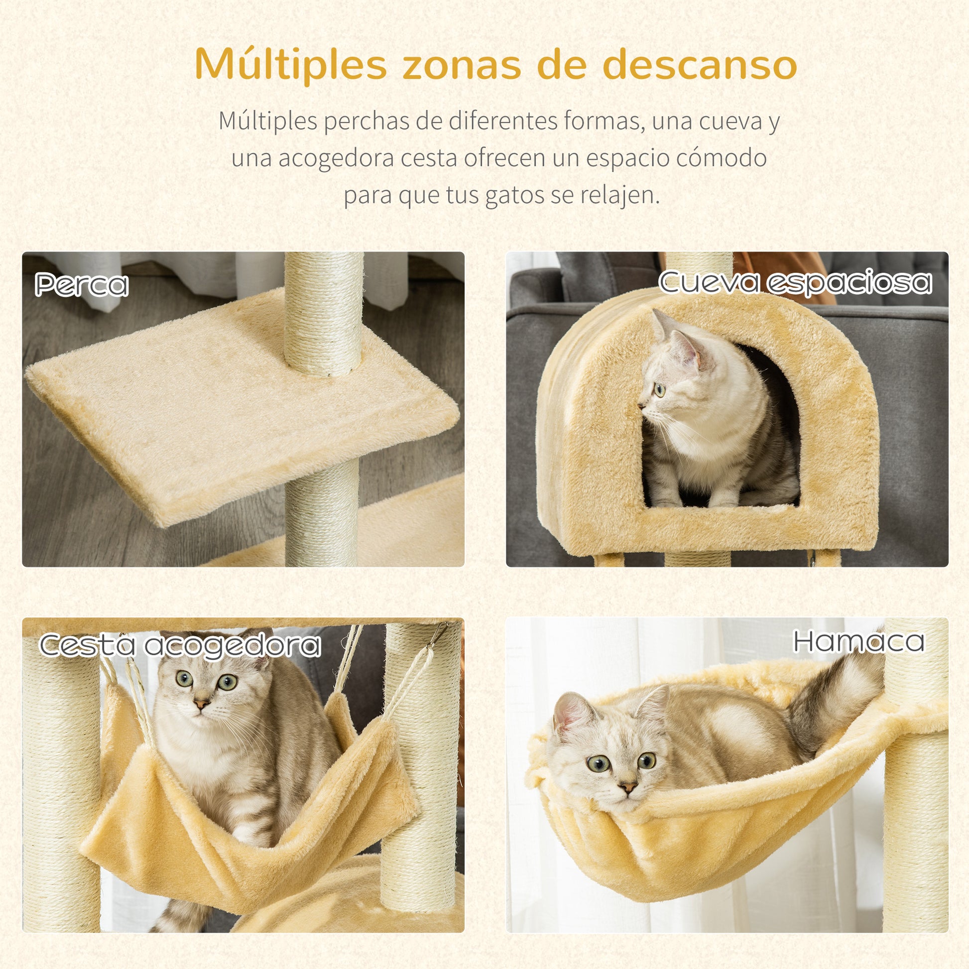 Cat Scratching Tree Height 98 cm Climbing Tower with Hideaway Basket Hammock Ladder Platforms and Natural Sisal Posts 54x29.5x98 cm Beige