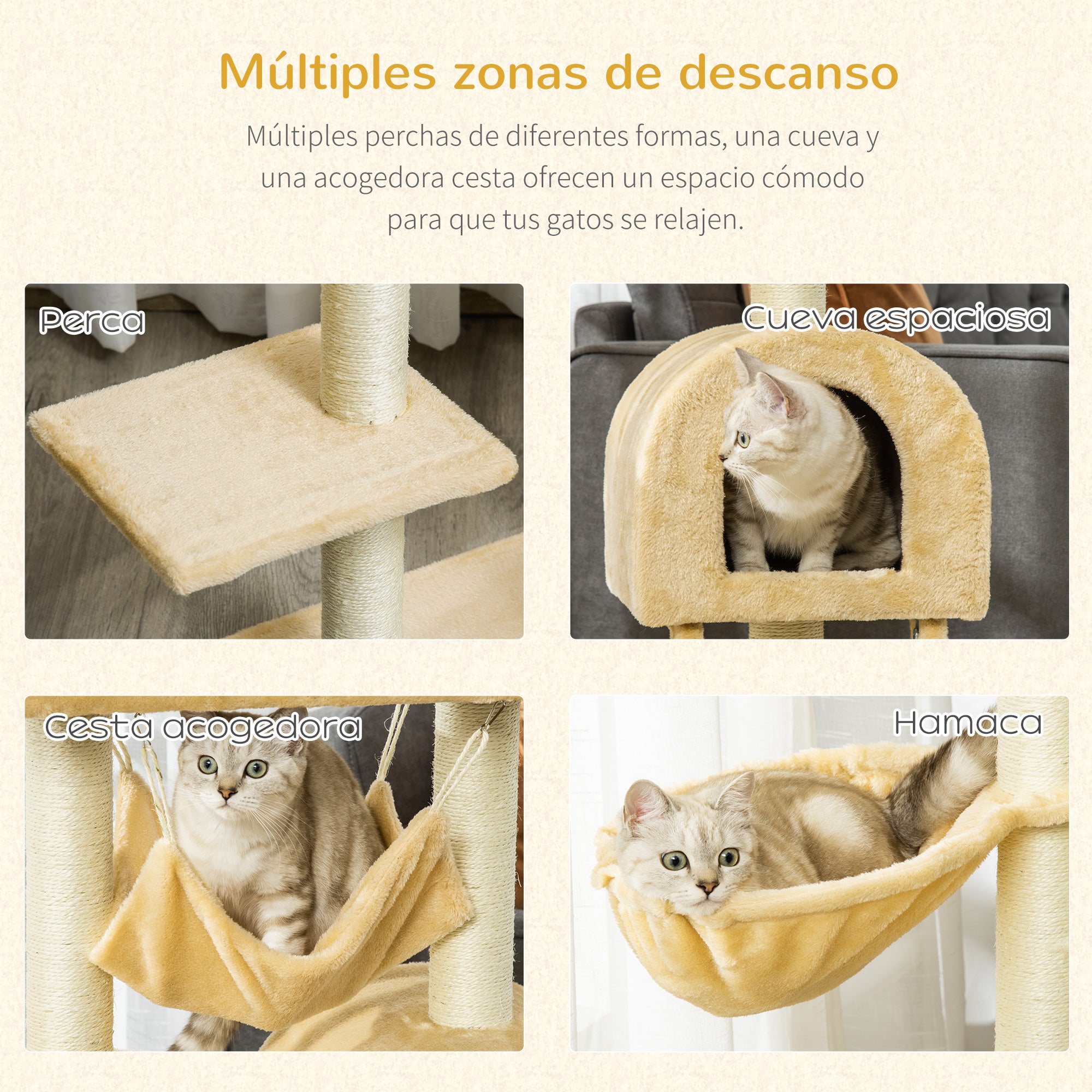 Cat Scratching Tree Height 98 cm Climbing Tower with Hideaway Basket Hammock Ladder Platforms and Natural Sisal Posts 54x29.5x98 cm Beige