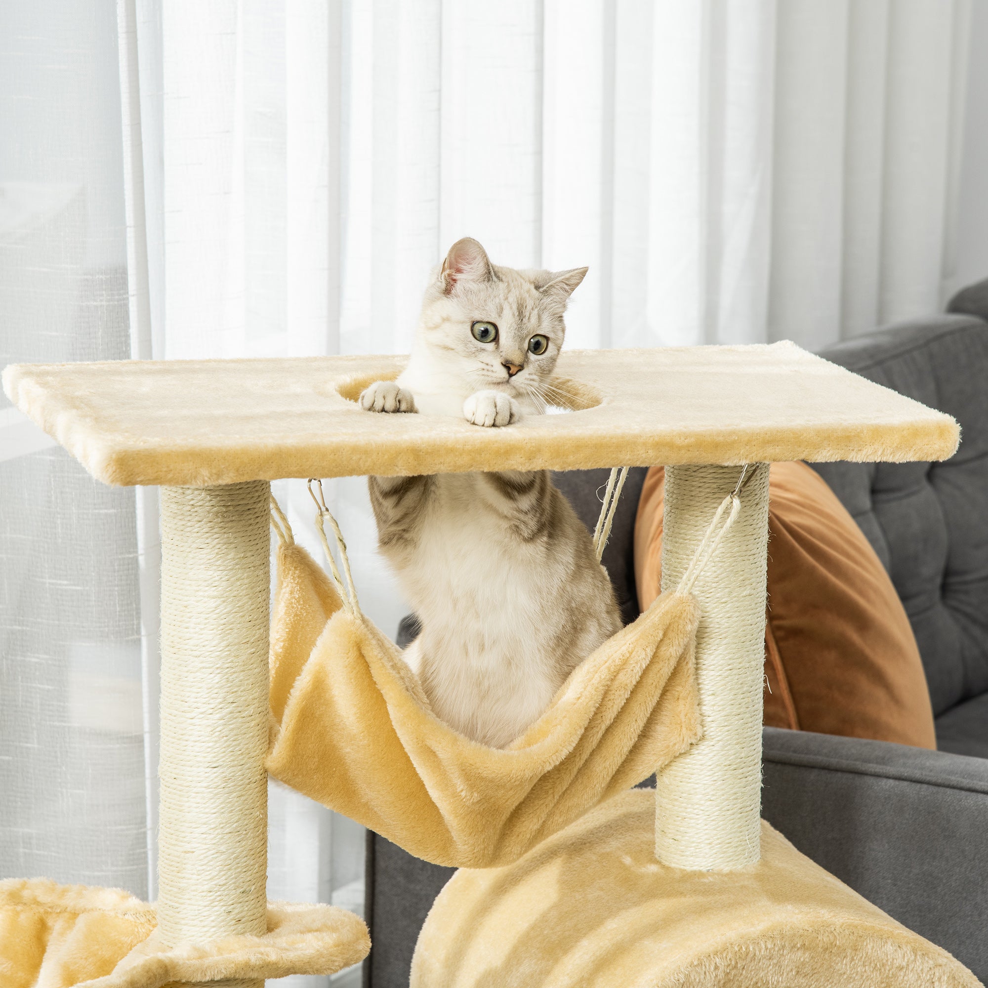 Cat Scratching Tree Height 98 cm Climbing Tower with Hideaway Basket Hammock Ladder Platforms and Natural Sisal Posts 54x29.5x98 cm Beige