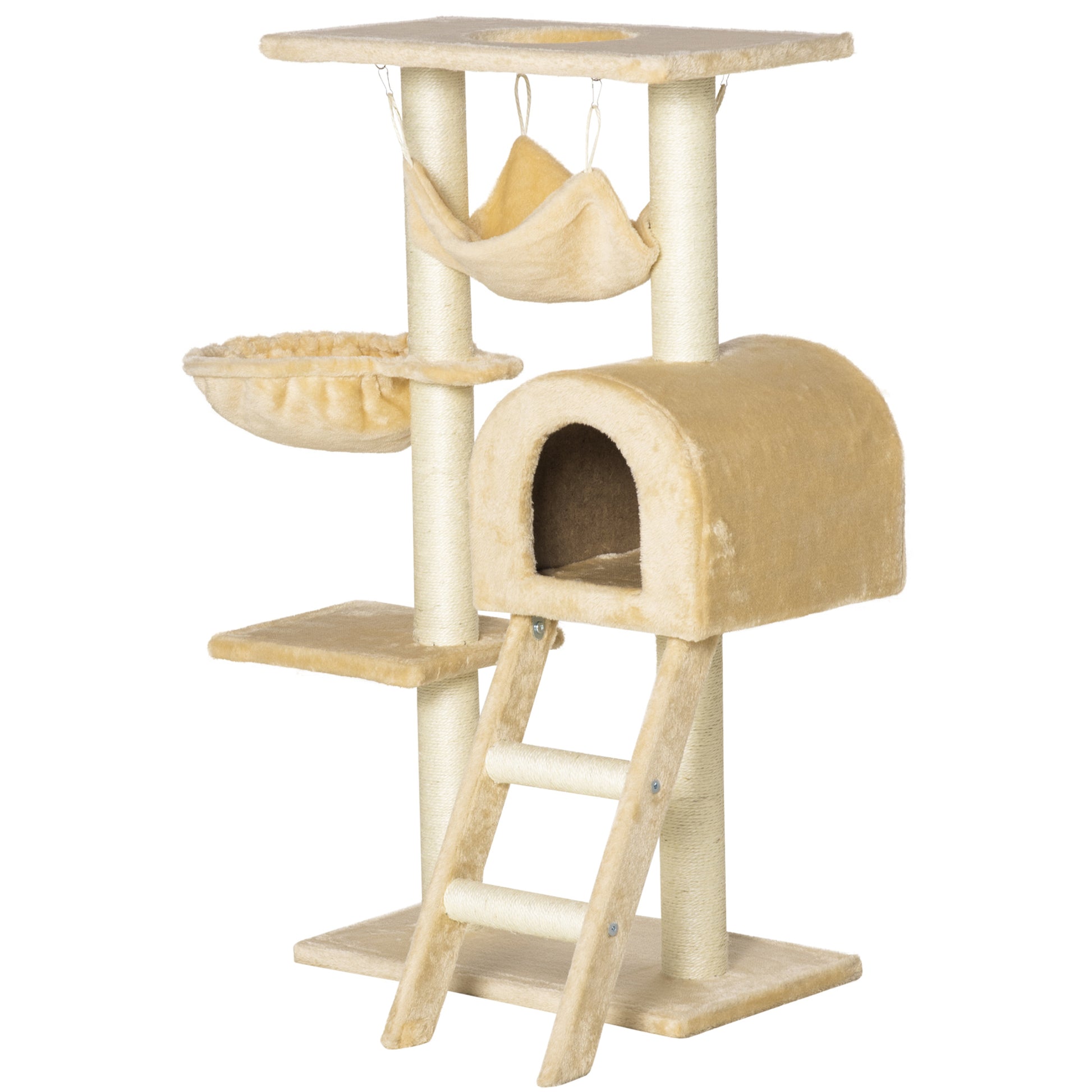Cat Scratching Tree Height 98 cm Climbing Tower with Hideaway Basket Hammock Ladder Platforms and Natural Sisal Posts 54x29.5x98 cm Beige