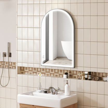 Bathroom Mirror 90 x 60 cm, arched wall mirror, bathroom mirror with LED lighting, adjustable 3 colors light, anti-fog, memory, touch switch, aluminum frame - black