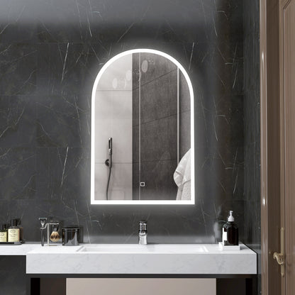 Bathroom Mirror 90 x 60 cm, arched wall mirror, bathroom mirror with LED lighting, adjustable 3 colors light, anti-fog, memory, touch switch, aluminum frame - black