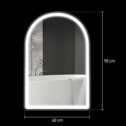 Bathroom Mirror 90 x 60 cm, arched wall mirror, bathroom mirror with LED lighting, adjustable 3 colors light, anti-fog, memory, touch switch, aluminum frame - black