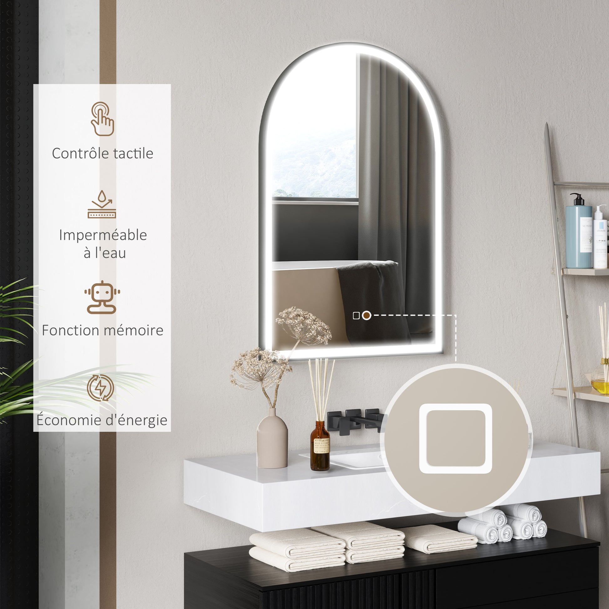 Bathroom Mirror 90 x 60 cm, arched wall mirror, bathroom mirror with LED lighting, adjustable 3 colors light, anti-fog, memory, touch switch, aluminum frame - black