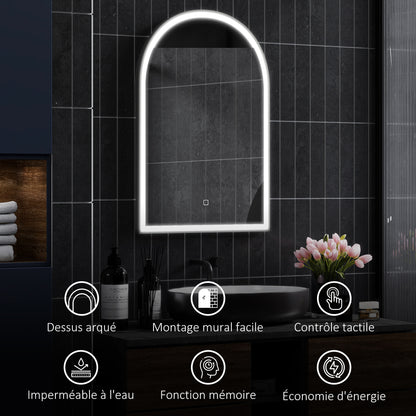 Bathroom Mirror 90 x 60 cm, arched wall mirror, bathroom mirror with LED lighting, adjustable 3 colors light, anti-fog, memory, touch switch, aluminum frame - black