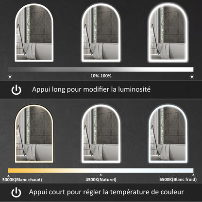 Bathroom Mirror 90 x 60 cm, arched wall mirror, bathroom mirror with LED lighting, adjustable 3 colors light, anti-fog, memory, touch switch, aluminum frame - black
